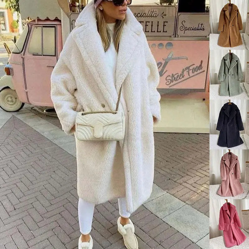 Lapel Lamb Fleece Coat With Pockets Faux Fur Coat Winter Warm Thickening Long Windbreaker Women's Clothing Vior Paris